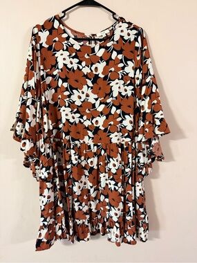 easel Rust & Ivory Floral Tiered Flared -Sleeve Dress Size Small